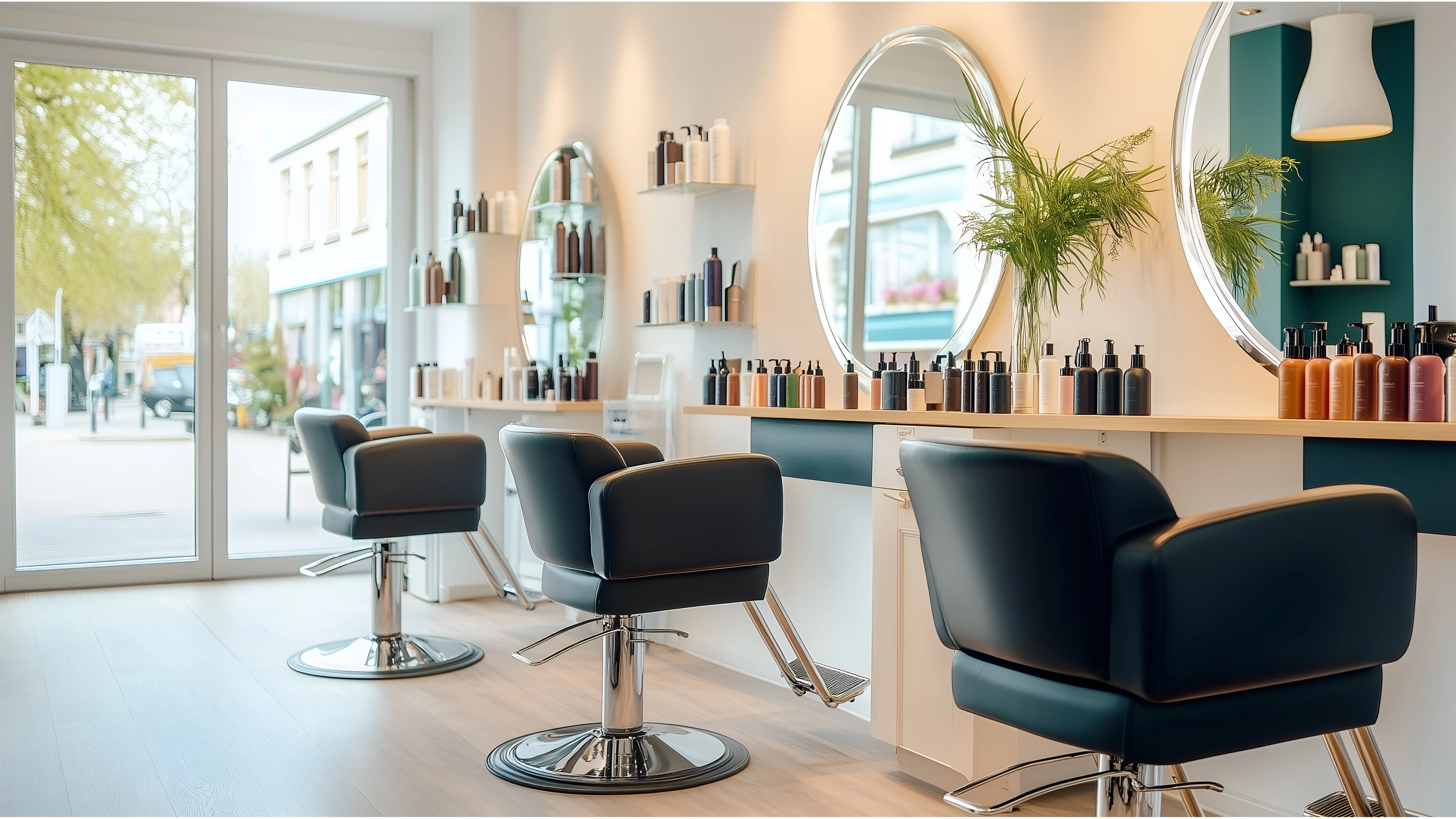 Bright salon interior with styling chairs and round mirrors at Roj Hair Lounge